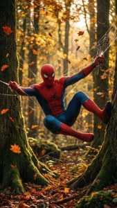 Spider-Man zwaaiend door een kleurrijk herfstbos