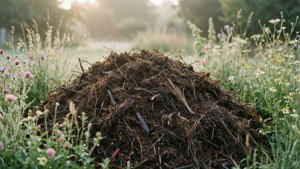 Un tas de compost entouré de fleurs sauvages dans la douce lumière matinale, tons pastel, scène tranquille.