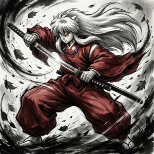 Inuyasha melakukan luka angin dalam gaya tinta yang dinamis.