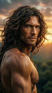 Tarzan's haar wappert in de wind terwijl hij achterom kijkt, heroïsch.