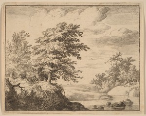 Winding River by Allaert van Everdingen, created probably c. 1645/1656, in etching. Download this artwork as a high-resolution wallpaper for desktop, tablet, or — Allaert van Everdingen Wallpaper