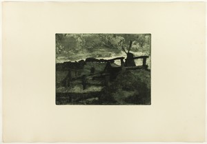 Windmill by Fritz Overbeck, created 1895, in Etching with dark green ink on cream wove paper. Download this artwork as a high-resolution wallpaper for desktop, — Fritz Overbeck Wallpaper
