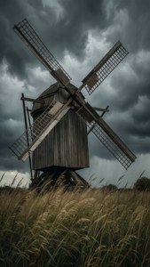 Dramatisch verticaal behang van een Nederlandse windmolen met een stormachtige lucht en aardse tinten