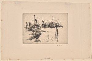 Windmills by John Henry Twachtman, created 1881, printed 1921, in Etching in black on cream wove paper. Download this artwork as a high-resolution wallpaper for — Illustration Background