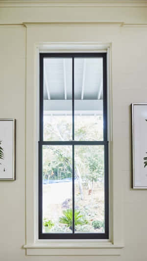 Pared color crema con una ventana negra alta que muestra un jardín afuera — Ciudad Futurista Fondos de pantalla