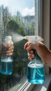 Mão segurando frasco de spray limpando janela com marcas de água