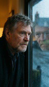 Brendan Gleeson blickt durch ein regennasses Fenster, nachdenkliche Stimmung.