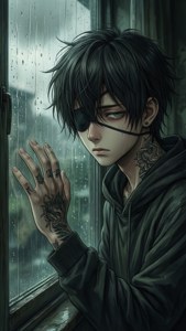 Surullinen anime-poika silmälapulla katsoo ulos sateisesta ikkunasta, käsi lasilla.