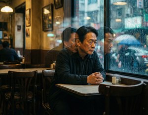 Artistic double exposure style image of Edward Yang in a vintage Taipei café with rain