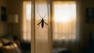 Weiche fotografische Silhouette einer Mücke auf einem sonnenbeschienenen Vorhang