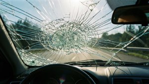 View from inside a car with a shattered windshield on a sunny day.