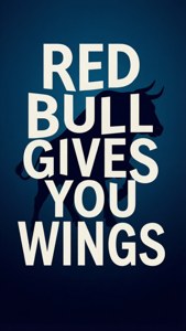 Poster minimalis dengan teks 'Red Bull Memberimu Sayap' dan siluet banteng