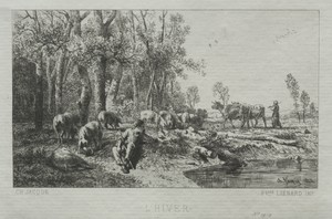 Winter by Charles Emile Jacque, created 1864, in etching. Download this artwork as a high-resolution wallpaper for desktop, tablet, or mobile. — Charles Emile Jacque Wallpaper