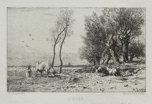 Winter by Charles Emile Jacque, created 1867, in etching and drypoint. Download this artwork as a high-resolution wallpaper for desktop, tablet, or mobile. — Charles Emile Jacque Wallpaper