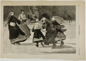"Winter"—A Skating Scene by Winslow Homer, created published January 25, 1868, in Wood engraving on paper. Download this artwork as a high-resolution wallpaper — Illustration Wallpaper