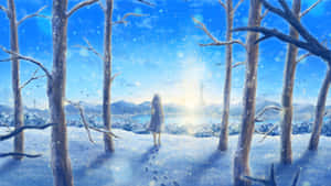 A girl stands in a snowy forest looking toward a glowing tower in the distance.