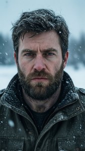 A serious man with a beard and snow on his jacket in a winter scene. — Big E Background