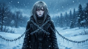 Sharon Rainsworth lumessa jäätyneiden ketjujen kanssa.