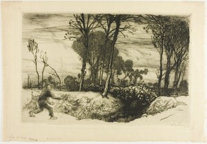 Winter Evening by Louis Auguste Lepère, created 1914, in Etching on cream laid Japanese tissue. Download this artwork as a high-resolution wallpaper for desktop — Illustration Wallpaper