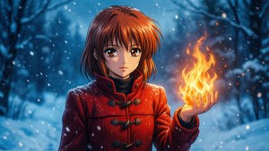 Shana i sne med en varm flamme, kontrasterende kolde og varme farver, fredfyldt.
