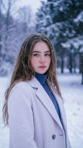 Vertikal vinterbakgrund med Freya i fallande snö, lavendeltoner.