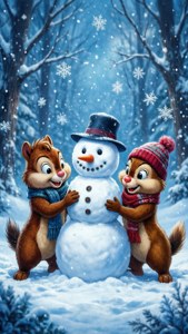 Chip 'n' Dale nauttivat lumisesta päivästä rakentaen lumiukkoa.