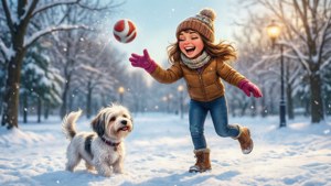 Anastasia leker med hunden sin i en snødekt park, glad og ubekymret.