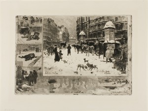 Winter in Paris by Félix Hilaire Buhot, created 1879, in Etching, roulette and aquatint on cream laid paper. Download this artwork as a high-resolution wallpape — Félix Hilaire Buhot Wallpaper