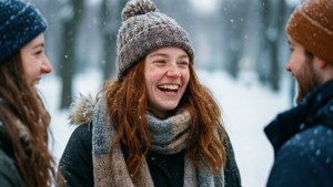 Candidt vinterportrett av en lattermild jente i lue og skjerf, snøfall