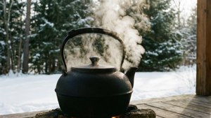 En gjutjärnskittel som ångar på en snötäckt veranda med vintergröna växter, mjukt naturligt vinterljus.