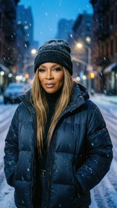 Mc Lyte in besneeuwde stad 's nachts, warm ingepakt