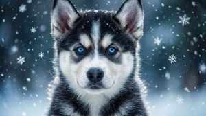Seekor anak anjing husky bermata biru di tengah salju yang turun.