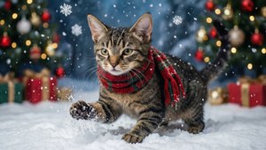 Maxwell the Cat enjoys a snowy winter day with festive lights. — Maxwell The Cat Wallpaper