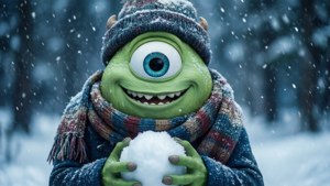 Mike Wazowski genießt einen verschneiten Wintertag