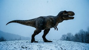 En T-Rex silhuet i et snedækket landskab med faldende sne.