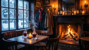 Interior pub Inggris yang nyaman saat malam musim dingin bersalju