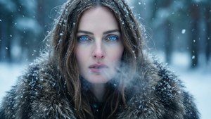 Lily Cole in un paesaggio invernale innevato, sereno e ghiacciato.