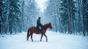 En ensom rytter på en kastanjehest, der bevæger sig gennem en snefyldt vinterskov.