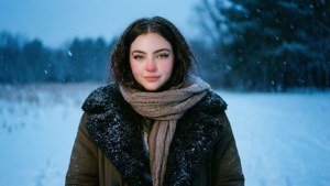 Lorde em uma cena de inverno com neve, aconchegante e serena.