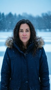 Rebecca Breeds i snødekt vinterlandskap med fallende snø