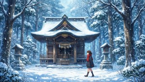 Een serene winterscène van een meisje met een rode sjaal die door sneeuwval naar een heiligdom loopt, in de delicate stijl van Kyoto Animation.