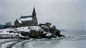 Vinterscen av Our Lady of the Rocks med snö och is, minimalistisk och kall.