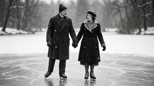 Una coppia vintage pattina sul ghiaccio su uno stagno ghiacciato mentre cade la neve, tenendosi per mano.