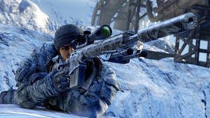 Soldier in winter gear aiming sniper rifle on snowy mountain terrain.