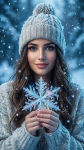 Alicia Banit in einer verschneiten Winterszene, die eine Schneeflocke hält