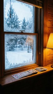 Mukava pasianssi lumisen ikkunan äärellä huurteen ja talvimaiseman kera.