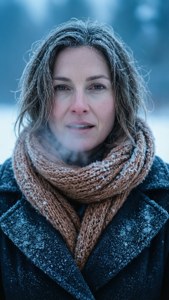 Vinterporträtt av Rachelle Lefevre i snö med blå toner.