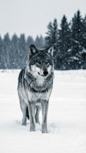 Ein einsamer Wolf in einer unberührten weißen Landschaft, minimalistisch und kalt.