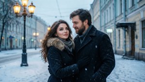 Anastasia Musical Anya dan Dmitry di jalan bersalju St. Petersburg, pemandangan musim dingin yang romantis
