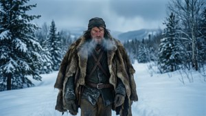 Davy Crockett vandrer gjennom snødekt villmark.